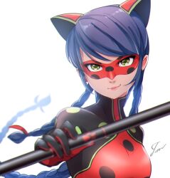 Rule 34 | 1girl, animal ears, blue hair, bodysuit, braid, bug noir (character), cat ears, cat girl, green eyes, holding, holding weapon, long hair, looking at viewer, marinette dupain-cheng, mask, mask on head, miraculous ladybug, polka dot, red bodysuit, red mask, simple background, smile, solo, superhero costume, tomm0515, upper body, weapon, white background