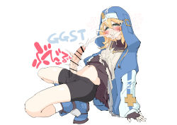 Rule 34 | 1boy, absurdres, artist request, autofacial, bike shorts, blonde hair, blue eyes, bridget (guilty gear), bulge, censored, cum, cum in own mouth, cum on body, cum on clothes, cum on hair, cum on self, cum on upper body, ejaculation, facial, fingerless gloves, gloves, guilty gear, guilty gear strive, highres, long hair, looking at viewer, male focus, penis, shorts, simple background, smile, solo, tongue, tongue out, trap, white background