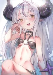 Rule 34 | 1girl, bikini, collar, demon horns, fang, grey bikini, hand on own cheek, hand on own face, hololive, horns, la+ darknesss, long hair, looking at viewer, metal collar, multicolored hair, o-ring, o-ring bikini, pointy ears, purple hair, redcomet, shiny swimsuit, skin fang, solo, streaked hair, striped horns, swimsuit, very long hair, virtual youtuber, white hair, yellow eyes