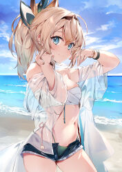 Rule 34 | 1girl, beach, bikini, blonde hair, blue eyes, blue sky, breasts, closed mouth, day, denim, denim shorts, highres, hololive, horizon, kasumi komo, kazama iroha, long hair, looking at viewer, medium breasts, navel, ocean, open clothes, open fly, open shorts, outdoors, ponytail, sand, sarashi, see-through, see-through shirt, short shorts, shorts, side-tie bikini bottom, sky, smile, solo, standing, stomach, swimsuit, virtual youtuber