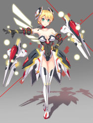 Rule 34 | 1girl, armor, bare shoulders, black gloves, black neckwear, blonde hair, blush, boots, braid, breasts, choker, cleavage, closed mouth, collarbone, covered navel, crossed legs, dance of eternity, elbow gloves, expressionless, faulds, female focus, flower, full body, funnels (gundam), gloves, gradient background, green eyes, grey background, groin, hair between eyes, hair ornament, hand on own hip, headgear, highres, legs, leotard, looking at viewer, mecha musume, neon trim, original, outstretched arm, red flower, red rose, ribbon choker, rose, serious, shadow, shiny clothes, shiny skin, short hair, skin tight, solo, standing, strapless, strapless leotard, thigh boots, thighhighs, twin braids, white footwear, white thighhighs
