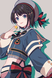 Rule 34 | 1girl, absurdres, aqua eyes, armband, black bow, black bowtie, blue jacket, bow, bowtie, braid, brown hair, buttons, character name, commentary, cropped jacket, french braid, from side, grey background, grey hat, hair ornament, hairclip, hand up, hat, highres, hololive, jacket, long sleeves, looking at viewer, looking to the side, official alternate costume, oozora subaru, oozora subaru (work), open mouth, sailor hat, shikinagi, shirt, short hair, silhouette, simple background, sleeve cuffs, smile, solo, star (symbol), striped bow, striped bowtie, striped clothes, striped shirt, swept bangs, vertical-striped clothes, vertical-striped shirt, virtual youtuber