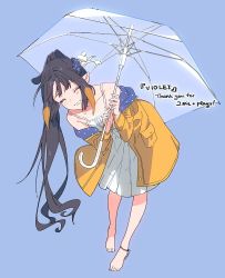 Rule 34 | 1girl, alternate hairstyle, anklet, barefoot, black hair, blue background, blush, closed eyes, coat, commentary, dress, english commentary, flat chest, flower, full body, hair flower, hair ornament, hair ribbon, highres, holding, holding umbrella, hololive, hololive english, jewelry, leaning forward, long hair, looking at viewer, multicolored hair, ninomae ina&#039;nis, ninomae ina&#039;nis (artist), off shoulder, official alternate costume, open clothes, open coat, orange coat, orange hair, parted lips, pointy ears, ponytail, raincoat, ribbon, self-portrait, signature, simple background, sleeveless, sleeveless dress, smile, solo, spaghetti strap, standing, tentacle hair, thank you, two-sided coat, two-sided fabric, two-tone hair, umbrella, violet (ninomae ina&#039;nis), virtual youtuber, white dress, white ribbon