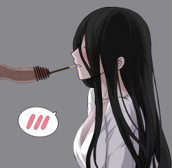 Rule 34 | 1boy, 1girl, bar censor, black hair, breasts, censored, chinese commentary, cleavage, clenched teeth, commentary request, food, grey background, hair over eyes, hetero, highres, large breasts, long hair, penis, pocky, pocky day, profile, shirt, simple background, solo focus, spoken blush, teeth, the ring, upper body, urethral insertion, veins, veiny penis, white shirt, yamamura sadako, yeklsa