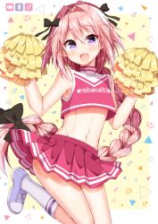 Rule 34 | 1boy, alternate costume, astolfo (fate), black bow, blush, bow, braid, cheerleader, clothes writing, crop top, crossdressing, fate/apocrypha, fate (series), groin, hair between eyes, hair bow, hair intakes, hands up, highres, holding, kneehighs, leg up, long hair, looking at viewer, male focus, mars symbol, multicolored hair, navel, open mouth, pink hair, pink skirt, pleated skirt, pom pom (cheerleading), purple eyes, purple footwear, shoes, single braid, skirt, sleeveless, sneakers, socks, solo, standing, standing on one leg, stomach, streaked hair, sweat, tareme, trap, triangle, tsukudani norio, very long hair, w arms, white hair, white socks, yellow background