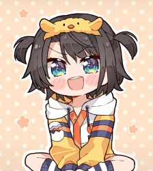Rule 34 | 1girl, black hair, blue eyes, blush, chibi, commentary, english commentary, hairband, highres, hololive, hood, hooded jacket, jacket, kukie-nyan, long sleeves, looking at viewer, multicolored clothes, multicolored jacket, official alternate costume, oozora subaru, oozora subaru (loungewear), open clothes, short hair, sitting, smile, solo, swept bangs, two side up, virtual youtuber, white jacket, yellow hairband, yellow jacket
