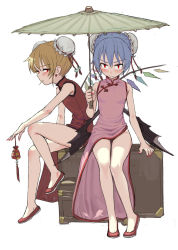 Rule 34 | 2girls, bare legs, blonde hair, blue hair, breasts, bun cover, china dress, chinese clothes, closed mouth, double bun, dress, earrings, fangs, fangs out, fingernails, fkey, flandre scarlet, full body, highres, jewelry, long fingernails, looking at viewer, low wings, multicolored wings, multiple girls, nail polish, oil-paper umbrella, pink dress, red dress, red eyes, red nails, remilia scarlet, siblings, side slit, simple background, sisters, sitting, sketch, slippers, small breasts, touhou, umbrella, white background, wings