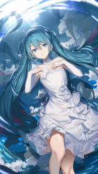 Rule 34 | 1girl, absurdres, blue eyes, blue hair, bridal gauntlets, choker, cloud, dress, elbow gloves, floating hair, flower, frills, gloves, hands on own chest, highres, in water, knees up, layered dress, long hair, looking at viewer, lying, on back, parted lips, partially submerged, reflection, reflective water, ripples, rose, signature, sleeveless, sleeveless dress, solo, strapless, strapless dress, thick eyebrows, twintails, very long hair, vocaloid, watermark, web address, ziran juan