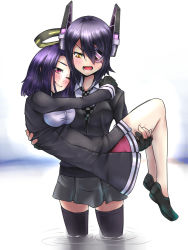 Rule 34 | 10s, 2girls, blush, carrying, doyouwantto, eyepatch, fingerless gloves, gloves, halo, headgear, hug, kantai collection, loafers, mechanical halo, multiple girls, no socks, one eye closed, open mouth, personification, princess carry, purple hair, red eyes, school uniform, shoes, short hair, smile, tatsuta (kancolle), tenryuu (kancolle), thighhighs, water, wink, yuri