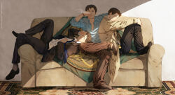 Rule 34 | 3boys, beard stubble, blue eyes, brown hair, castiel, cigarette, coat, couch, day, facial hair, full body, godsstation, highres, holding, holding cigarette, indoors, lap pillow, looking at viewer, loose necktie, lying, male focus, multiple boys, necktie, on back, on couch, short hair, sitting, smoke, stubble, supernatural (tv series), time paradox, trench coat