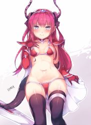 Rule 34 | 1girl, 3:, arm up, armor, bikini, bikini armor, black thighhighs, blue eyes, blush, breast suppress, breasts, cape, choker, closed mouth, collarbone, dragon girl, dragon horns, dragon tail, elizabeth bathory (brave) (fate), elizabeth bathory (fate), eyebrows, fate/grand order, fate (series), flat chest, gloves, gorget, hair ribbon, halloween costume, highres, horn ornament, horns, kimoshi, leaning back, long hair, looking at viewer, navel, oversized clothes, pauldrons, pink hair, pointy ears, red armor, red bikini, red gloves, ribbon, shoulder armor, skin tight, skindentation, small breasts, solo, stomach, string bikini, swimsuit, sword, tail, tears, thigh strap, thighhighs, tiara, two side up, vambraces, weapon, white background, white cape