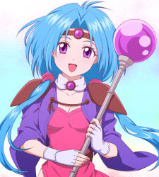 Rule 34 | 1girl, :d, blue hair, breasts, circlet, cleavage, fingerless gloves, gloves, haou taikei ryuu knight, holding, holding staff, holding weapon, long hair, looking at viewer, open mouth, paffy pafuricia, parted bangs, purple eyes, simple background, small breasts, smile, solo, staff, toga (kanna1147), twintails, upper bodywide sleeves, weapon, white gloves