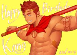 Rule 34 | 1boy, abs, arm tattoo, bara, brown eyes, brown hair, character name, earrings, facial hair, gyee, happy birthday, holding, holding weapon, itto (mentaiko), jewelry, kong (gyee), large pectorals, looking at viewer, male focus, muscular, muscular male, nipples, pectorals, short hair, sideburns, smile, solo, stubble, tattoo, teeth, tiara, upper body, weapon