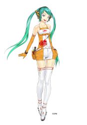 Rule 34 | 1girl, bare shoulders, copyright notice, female focus, full body, gloves, goodsmile company, green hair, hatsune miku, legs, long hair, race queen, racing miku, redjuice, shorts, simple background, solo, thighhighs, twintails, vocaloid, white background, white thighhighs