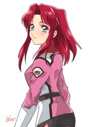 Rule 34 | 1girl, absurdres, flay allster, grey eyes, gundam, gundam seed, highres, lips, long hair, parted bangs, parted lips, red hair, shiina yousei, sidelocks, solo, uniform, upper body, white background