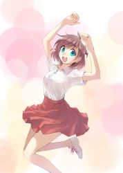 Rule 34 | 1girl, arms up, blue eyes, brown hair, commentary request, dress shirt, high-waist skirt, highres, ikeda jun (mizutamari), leg up, looking at viewer, miniskirt, multicolored background, no socks, open mouth, original, pleated skirt, red skirt, redrawn, shirt, shoes, short hair, short sleeves, skirt, smile, sneakers, solo, standing, straight-laced footwear, white footwear, white shirt, wing collar