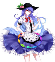 Rule 34 | 1girl, absurdres, bad id, bad pixiv id, black hat, blue hair, blue skirt, bow, bowtie, cowboy shot, cropped legs, food, frilled shirt, frilled shirt collar, frilled skirt, frills, fruit, hair between eyes, hat, head tilt, highres, hinanawi tenshi, long hair, looking at viewer, peach, playing with own hair, puffy short sleeves, puffy sleeves, rainbow order, red bow, red bowtie, red eyes, sheya, shirt, short sleeves, simple background, skirt, solo, touhou, white background, white shirt