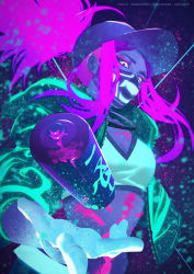 Rule 34 | 1girl, akali, baseball cap, breasts, cleavage, hat, inverted colors, j 315 (jean), k/da (league of legends), k/da akali, league of legends, mask, monochrome, mouth mask, neon, ponytail, solo, spay can