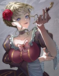 1girl arm_under_breasts beatrice_(umineko) between_fingers blonde_hair blue_eyes bow breasts brown_dress dress flower grey_background hair_flower hair_ornament hand_on_own_arm highres holding holding_smoking_pipe large_breasts pink_bow red_flower red_rose rose simple_background smile smoke smoke_trail smoking_pipe solo soresono88 umineko_no_naku_koro_ni witch