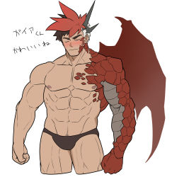 Rule 34 | 1boy, abs, absurdres, another eidos-r, armor, bara, biceps, black male swimwear, black swim briefs, blush, brown hair, bulge, clenched hands, closed eyes, closed mouth, cowboy shot, dragon, dragon horns, dragon wings, edamamego, gaia (another eidos), highres, horns, large pectorals, male focus, male swimwear, manly, mature male, muscular, muscular male, navel, navel hair, nipples, no pants, pectorals, red hair, scale armor, scales, simple background, solo, sweat, sweatdrop, swim briefs, swimsuit, thick arms, thick eyebrows, thick thighs, thighs, topless male, transformation, white background, white hair, wings