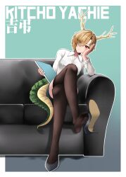 1girl absurdres blonde_hair couch crossed_legs dragon_horns dragon_tail feet hair_over_one_eye hakurei_fling highres horns kicchou_yachie light_smile looking_at_viewer medium_hair miniskirt office_lady red_eyes see-through_clothes see-through_legwear shoe_dangle sitting skirt soles tail thighhighs toes touhou