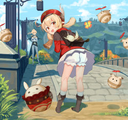 Rule 34 | 2girls, :d, absurdres, ahoge, ass, backpack, bag, bag charm, belt, bent over, bloomers, blue sky, boots, bow, bridge, brown footwear, cabbie hat, capelet, charm (object), cloud, cloudy sky, clover print, coat, commentary request, crossed arms, detached sleeves, dodoco (genshin impact), from behind, full body, genshin impact, hair between eyes, hair bow, hair ribbon, hat, highres, hood, hooded coat, jean (genshin impact), jumpy dumpty, klee (genshin impact), knee boots, kneehighs, lamppost, light brown hair, long hair, long sleeves, looking at viewer, looking back, low twintails, mountainous horizon, multiple girls, open mouth, orange eyes, pants, pointy ears, randoseru, red coat, red headwear, ribbon, sen (sennosenn1127), sidelocks, sky, smile, socks, standing, strapless, twintails, underwear, white pants, wind