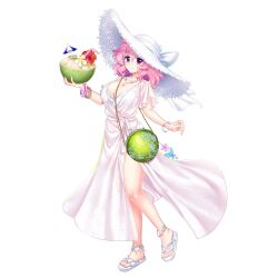 Rule 34 | 1girl, alternate costume, bracelet, breasts, bug, butterfly, cleavage, closed mouth, coconut cup, dress, full body, hat, highres, insect, jewelry, large breasts, looking at viewer, pink eyes, pink hair, rotte (1109), saigyouji yuyuko, saigyouji yuyuko (seamless swimsuit ghost), short hair, simple background, smile, solo, third-party source, touhou, touhou lostword, white background, white dress, white footwear, white hat