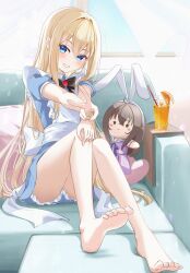 1girl barefoot blonde_hair blue_eyes blush couch doll feet grin hand_on_own_knee highres long_hair looking_at_viewer omo_omochi_zzz original smile soles toes v