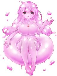 Rule 34 | 1girl, :o, breasts, colored skin, core, dairoku ryouhei, full body, hand up, highres, innertube, large breasts, long hair, monster girl, negura hypno, nude, open mouth, pink eyes, pink skin, sitting, slime girl, solo, swim ring, transparent background, very long hair