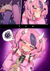 Rule 34 | 1boy, 1girl, arm grab, blush, breasts, choker, cleavage, clenched teeth, controller, crying, dark-skinned male, dark skin, demon, demon girl, demon horns, diuda, embarrassed, grabbing another&#039;s arm, hand on mouth, highres, holding, holding controller, horns, ironmouse, medium breasts, pink hair, purple eyes, remote control vibrator, sex toy, tearing up, tears, teeth, thighhighs, twitching, vibrator, vibrator controller, virtual youtuber, vshojo