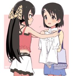 Rule 34 | 2girls, :d, aayh, animal print, bag, black hair, blue skirt, blush, brown eyes, camisole, closed mouth, collared shirt, commentary request, crop top, dress shirt, flying sweatdrops, frilled shirt collar, frills, hair ribbon, hand up, idolmaster, idolmaster cinderella girls, idolmaster cinderella girls u149, jacket, leopard print, long hair, lowres, matoba risa, midriff, multiple girls, open mouth, pink background, print ribbon, profile, puffy short sleeves, puffy sleeves, red camisole, ribbon, sasaki chie, shirt, short sleeves, skirt, smile, twintails, two-tone background, very long hair, white background, white shirt, white skirt, yellow jacket