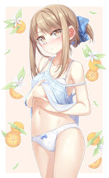Rule 34 | 1girl, bare shoulders, blush, bow, bra, breasts, brown eyes, brown hair, camisole, collarbone, folded ponytail, food, fruit, hair bow, highres, ina (inadahime), medium breasts, navel, panties, see-through, see-through camisole, simple background, solo, spaghetti strap, standing, strap slip, underwear, white panties