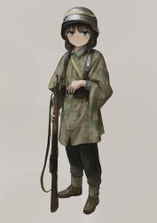 Rule 34 | 1girl, black pants, blue eyes, brown footwear, closed mouth, coat, commentary, commission, english commentary, full body, garoppui, gun, helmet, original, pants, simple background, solo, standing, weapon, weapon request