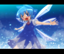Rule 34 | 1girl, blue dress, blue eyes, blue hair, blush, bow, child, cirno, dress, female focus, hair bow, kanno, kanno (pixiv), letterboxed, matching hair/eyes, open mouth, outstretched arms, ribbon, short hair, smile, solo, spread arms, embodiment of scarlet devil, touhou, wings