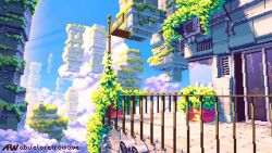 Rule 34 | animated, balcony, cloud, floating island, livepixelart, looping animation, no humans, pixel art, plant, potted plant, railing, scenery, sky, tagme, video