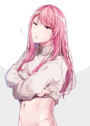 Rule 34 | 1boy, ^^^, commentary request, highres, holostars, lipstick, long hair, long sleeves, makeup, male focus, navel, no pants, pink hair, purple eyes, sidelocks, so ta zzz, solo, sweater, trap, tsukishita kaoru, undressing, upper body, virtual youtuber, white background