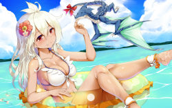 Rule 34 | 1girl, ankle cuffs, bad id, bad pixiv id, barefoot, beach, bikini, bikini top only, bow, breasts, cleavage, cloud, collarbone, dark-skinned female, dark skin, day, dragon, flower, front-tie bikini top, front-tie top, granblue fantasy, hair between eyes, hair flower, hair ornament, hibiscus, innertube, kasappi, long hair, medium breasts, ocean, outdoors, red bow, red eyes, red flower, shiny skin, sideboob, silver hair, sitting, sky, smile, solo, swim ring, swimsuit, tail, tail bow, tail ornament, transparent, water, wet, white bikini, zooey (granblue fantasy), zooey (summer) (granblue fantasy)