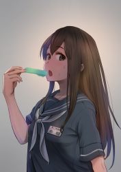 Rule 34 | 1girl, akagi (kancolle), blue shirt, brown eyes, brown hair, commentary request, food, from side, grey background, h k white, highres, holding, holding food, kantai collection, long hair, looking at viewer, neckerchief, open mouth, popsicle, school uniform, serafuku, shirt, short sleeves, solo, straight hair, upper body, white neckerchief