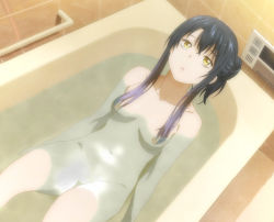 Rule 34 | 1girl, anime screenshot, bath, black hair, breasts, collarbone, completely nude, gradient hair, highres, legs together, long hair, looking up, lying, mieruko-chan, multicolored hair, navel, nipples, nude, nude filter, open mouth, pussy, small breasts, solo, third-party edit, uncensored, water, yellow eyes, yotsuya miko