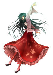 Rule 34 | 1girl, blouse, female focus, full body, green hair, houraisan kaguya, long hair, long skirt, long sleeves, outstretched arms, red eyes, red skirt, shirt, simple background, skirt, solo, touhou, very long hair, white background, yu (lovepayon)