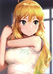 Rule 34 | 1girl, absurdres, arm up, blonde hair, breasts, cropped, green eyes, highres, hoshii miki, idolmaster, idolmaster (classic), indoors, long hair, looking away, medium breasts, parted lips, pettan p, scan, shirt, solo, stretching, sweat, t-shirt, upper body