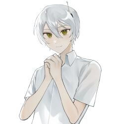 Rule 34 | 1boy, closed mouth, collared shirt, commentary, eyebrows hidden by hair, hair between eyes, highres, kyoko (akakikyoko), looking at viewer, male focus, original, own hands together, shirt, short hair, simple background, smile, solo, upper body, white background, white shirt, yellow eyes
