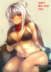 Rule 34 | 10s, 1girl, 2014, ahoge, bikini, boots, breasts, gloves, harusame-r, highres, large breasts, long hair, original, plump, red eyes, scarf, silver hair, sitting, solo, swimsuit, thick thighs, thighs