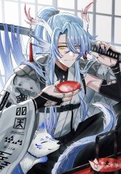 Rule 34 | 1boy, alcohol, animal, antlers, azuma hatori, baggy pants, bishounen, black pants, blue hair, blue nails, blue scales, braid, bridal gauntlets, chest harness, chinese zodiac, closed mouth, commentary request, cup, dragon boy, dragon tail, fingernails, fins, fox, fur-tipped tail, grey jacket, hair between eyes, hands up, harness, head fins, high ponytail, highres, holding, holding cup, holding sword, holding weapon, horn ornament, horns, indoors, jacket, jacket on shoulders, japanese clothes, jewelry, katana, long hair, looking at viewer, male focus, multiple rings, new year, original, over shoulder, pants, ring, sakazuki, sake, scales, sharp fingernails, shirt, shouji, sidelocks, sitting, sleeveless, sleeveless shirt, sliding doors, slit pupils, smile, solo, sword, sword over shoulder, tail, tassel, upper body, very long hair, weapon, weapon over shoulder, white background, year of the dragon, yellow eyes