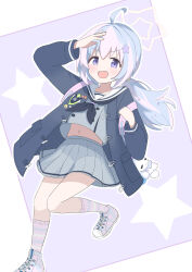 1girl absurdres ahoge arm_up black_jacket blue_archive grey_skirt grey_vest hair_ornament highres jacket looking_at_viewer midriff multicolored_hair multicolored_socks nisan_ga6 open_clothes open_jacket open_mouth purple_eyes reisa_(blue_archive) sailor_collar sidelocks simple_background skirt smile socks standing standing_on_one_leg stuffed_toy twintails v-shaped_eyebrows vest white_footwear white_sailor_collar