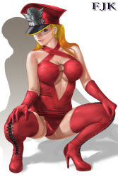 Rule 34 | 1girl, blonde hair, boots, center opening, clothes lift, cross-laced footwear, dress, dress lift, full body, gloves, halterneck, hat, high heel boots, high heels, highres, lace-up boots, long hair, lupin iii, mine fujiko, panties, peaked cap, red gloves, red panties, smile, squatting, stiletto heels, thigh boots, thighhighs, toten (der fuhrer), underwear