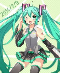 Rule 34 | 10s, 1girl, 39, 2014, dated, detached sleeves, green eyes, green hair, hatsune miku, headset, ibaraki natou, long hair, matching hair/eyes, necktie, one eye closed, open mouth, skirt, solo, thighhighs, twintails, very long hair, vocaloid, wink