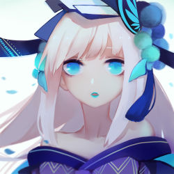 Rule 34 | 1girl, aoandon, blue eyes, blue headwear, blue lips, blunt bangs, character request, collarbone, hair ornament, japanese clothes, kimono, long hair, looking at viewer, off shoulder, onmyoji, parted lips, solo, sylvia (huajiuhuajiu), upper body, white background, white hair