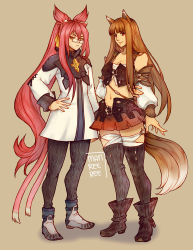 Rule 34 | 10s, 2girls, animal ears, blazblue, brown hair, cat ears, cat tail, crossover, detached sleeves, final fantasy, final fantasy xiv, full body, glasses, highres, holo, kokonoe (blazblue), long hair, manreeree, midriff, multiple girls, multiple tails, pink eyes, pink hair, ponytail, red eyes, signature, simple background, spice and wolf, standing, tail, thighhighs, very long hair, wolf ears, wolf tail