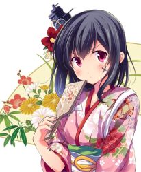 Rule 34 | 1girl, alternate costume, black hair, floral background, flower, frown, hagoita, hair flower, hair ornament, japanese clothes, kantai collection, kimono, looking at viewer, new year, odawara hakone, paddle, red eyes, solo, upper body, white background, yamashiro (kancolle)